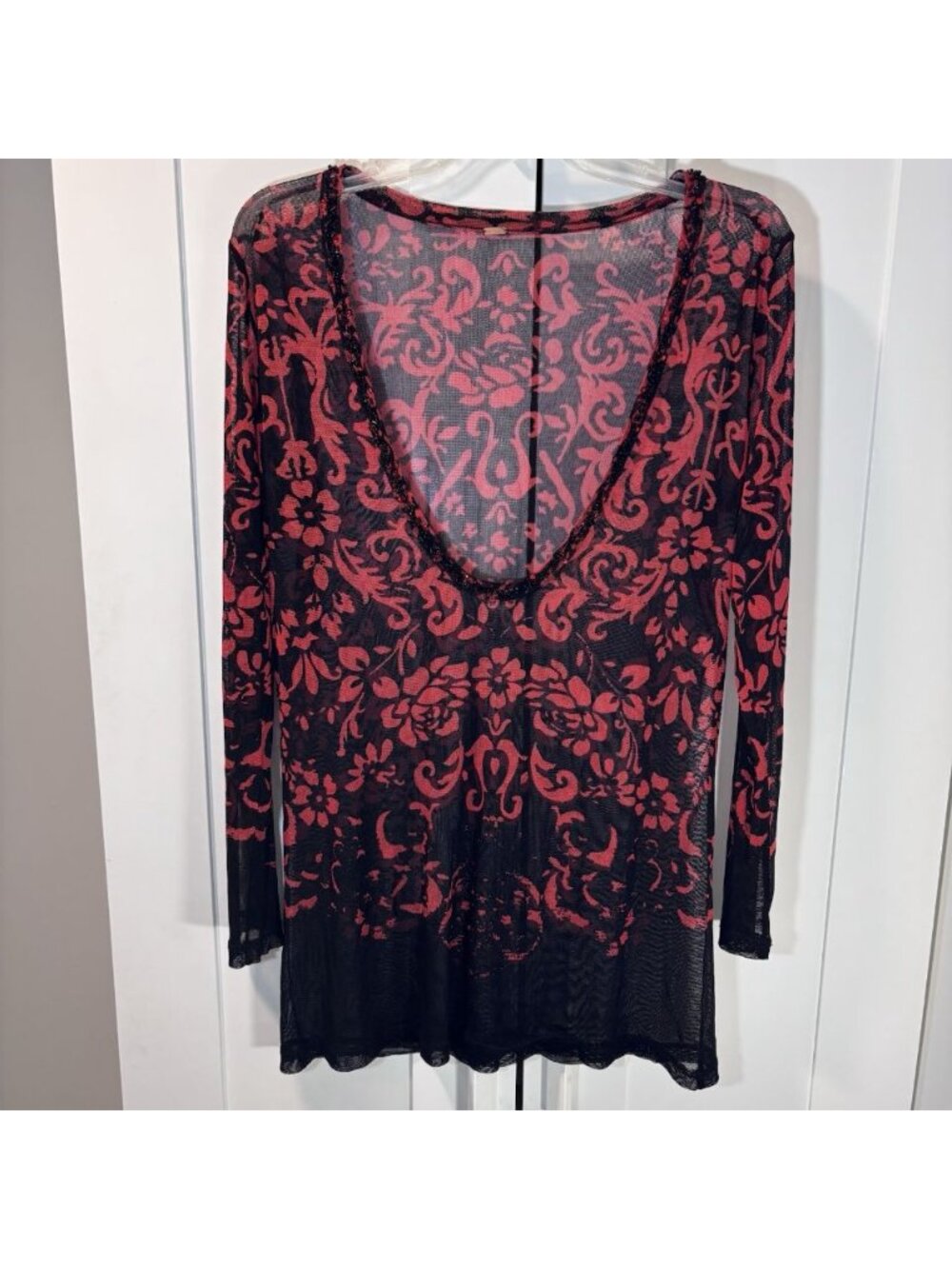 Free People Mesh Sheer Black Red Floral Beaded Top Sleeves Deep Scoop Neck Women
